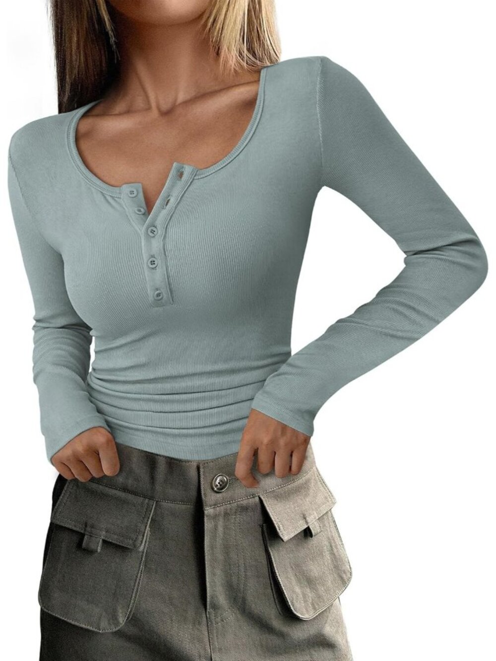 Women's Lake Blue Crewneck Long Sleeve Henley T-Shirts Ribbed Knit Button Top